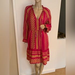 Maeve Anthropologie Dominique Hot Pink‎ Yellow Embroidered Tunic Dress Boho XS 2